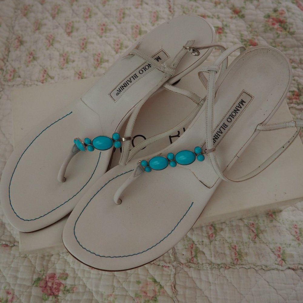 Authentic Manolo Blahnik White Strappy Turquoise Stone Detail Heels Size 40 - Picture 3 of 6